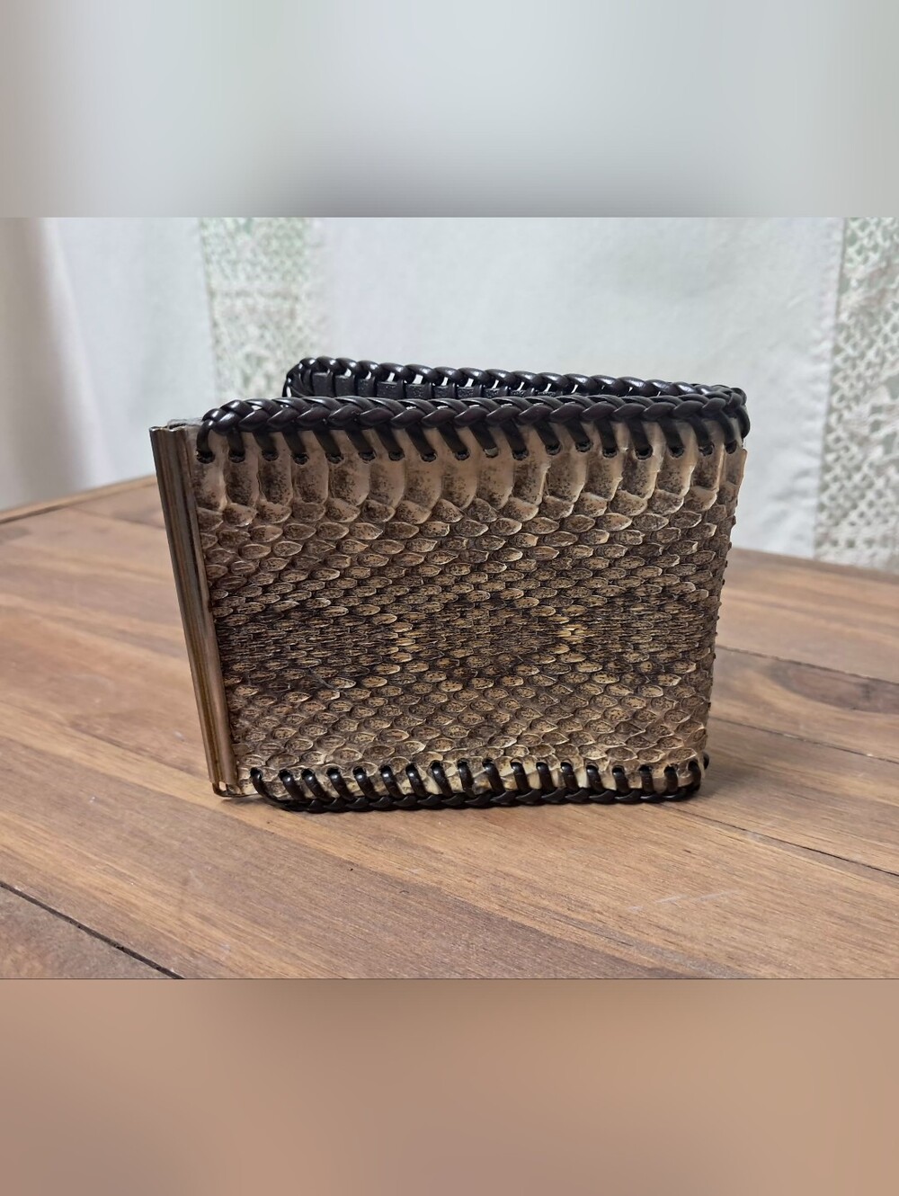 Western Rattlesnake Skin Leather Laced Money Clip Slim Front Pocket Wallet - Picture 6 of 7